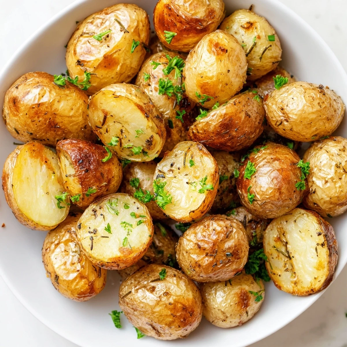 A close-up of sizzling, aromatic Salt & Garlic Roasted Potatoes, showing their crispy, golden brown texture.