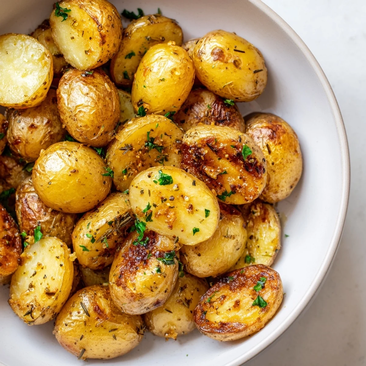 Savory Salt & Garlic Roasted Potatoes, with flecks of garlic and herbs, a delicious, easy side dish.