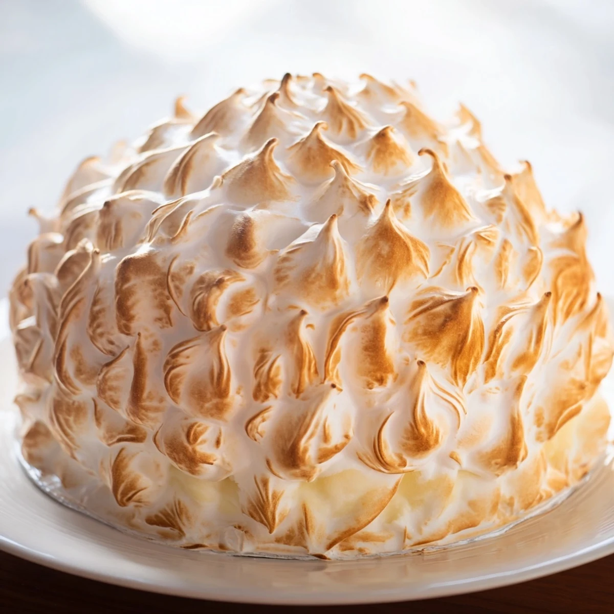 Golden-brown Baked Alaska with swirling meringue, ready for a special dessert occasion.
