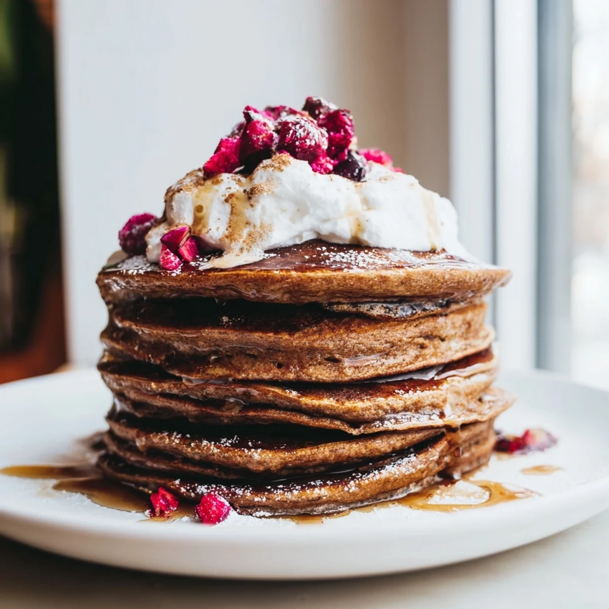 Golden-brown Gingerbread Spiced Pancakes, stacked high, drizzled with maple syrup and whipped cream.