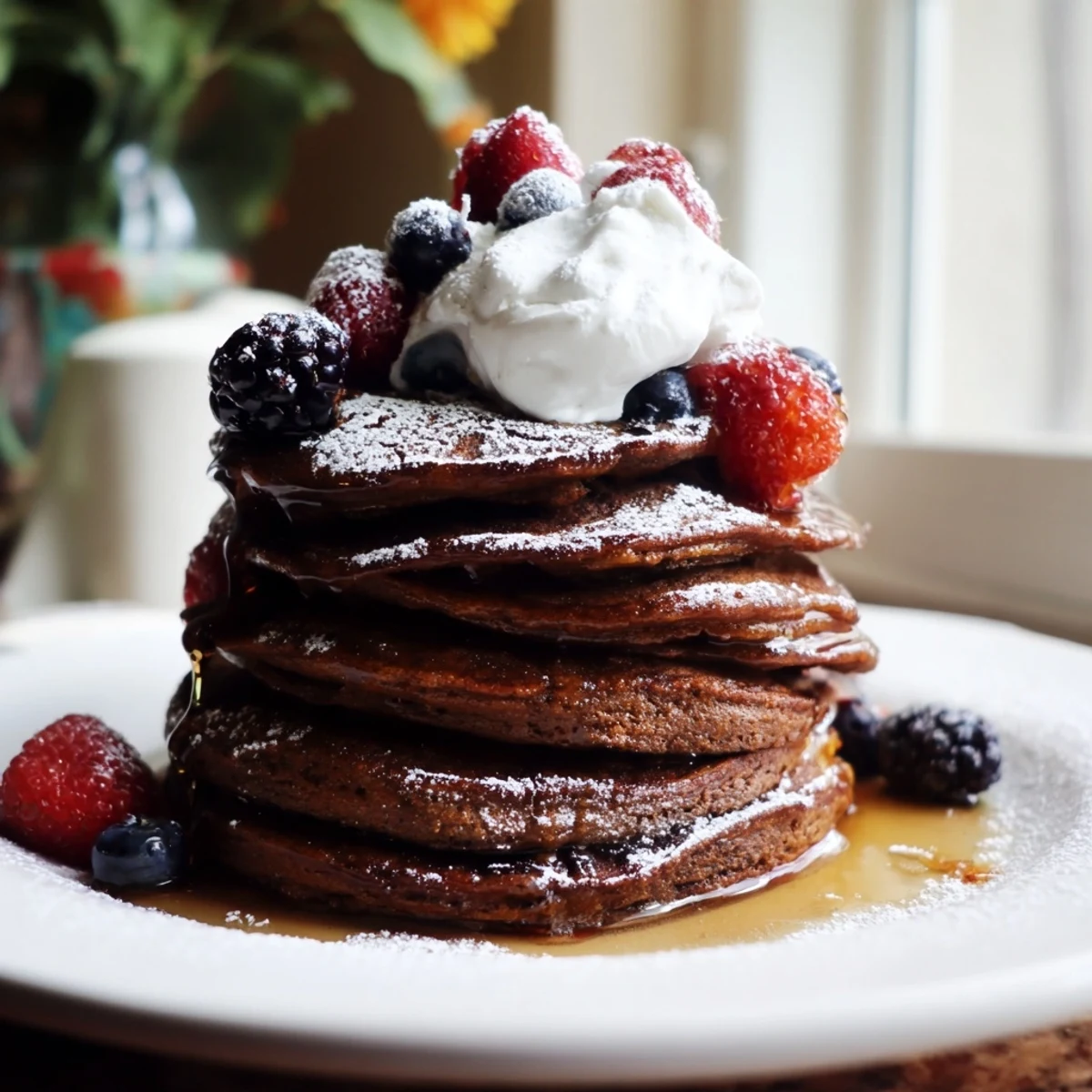 Fluffy Gingerbread Spiced Pancakes with dusting of powdered sugar, ideal for a cozy weekend brunch.
