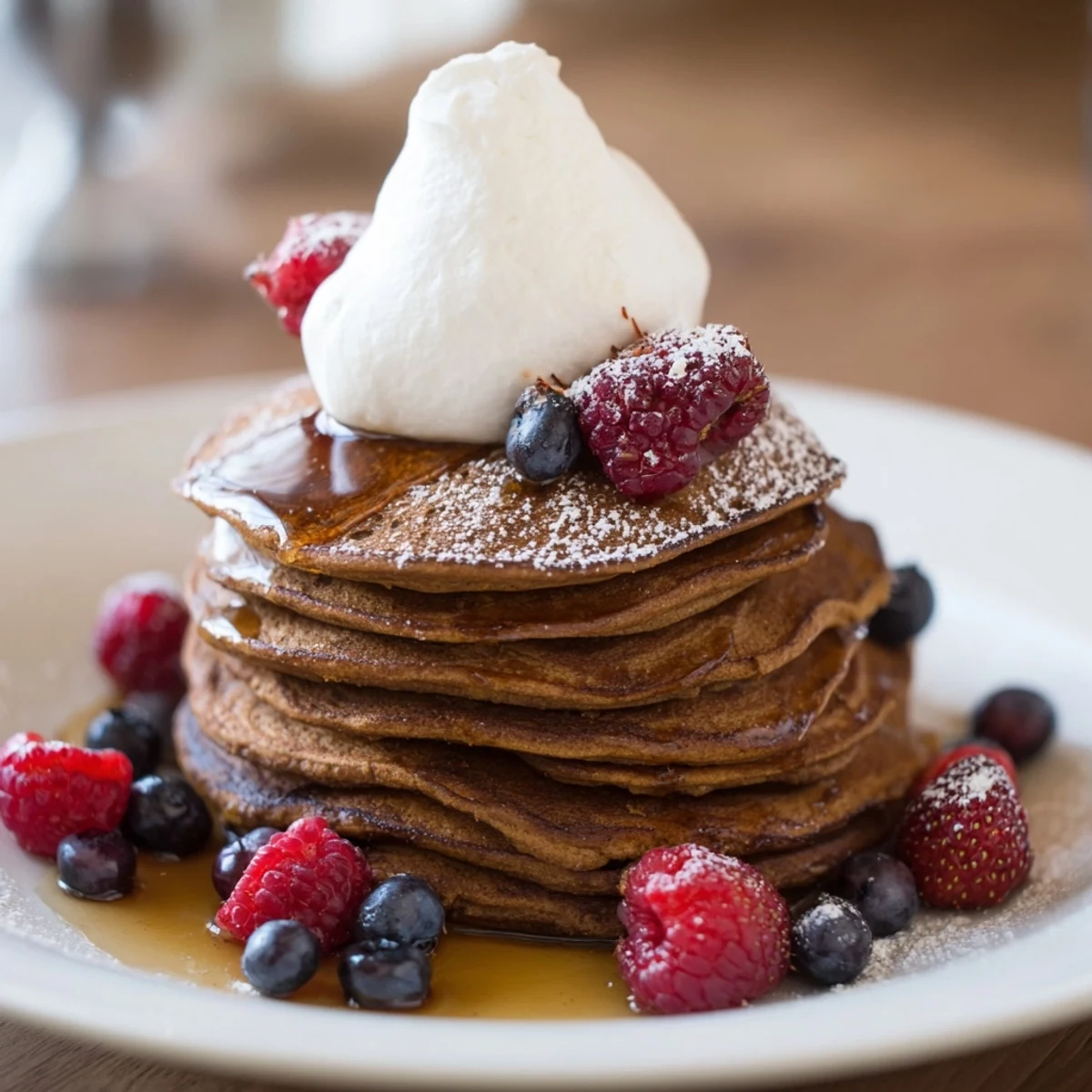 Warm and fragrant Gingerbread Spiced Pancakes with fresh berries, a delightful holiday breakfast treat.