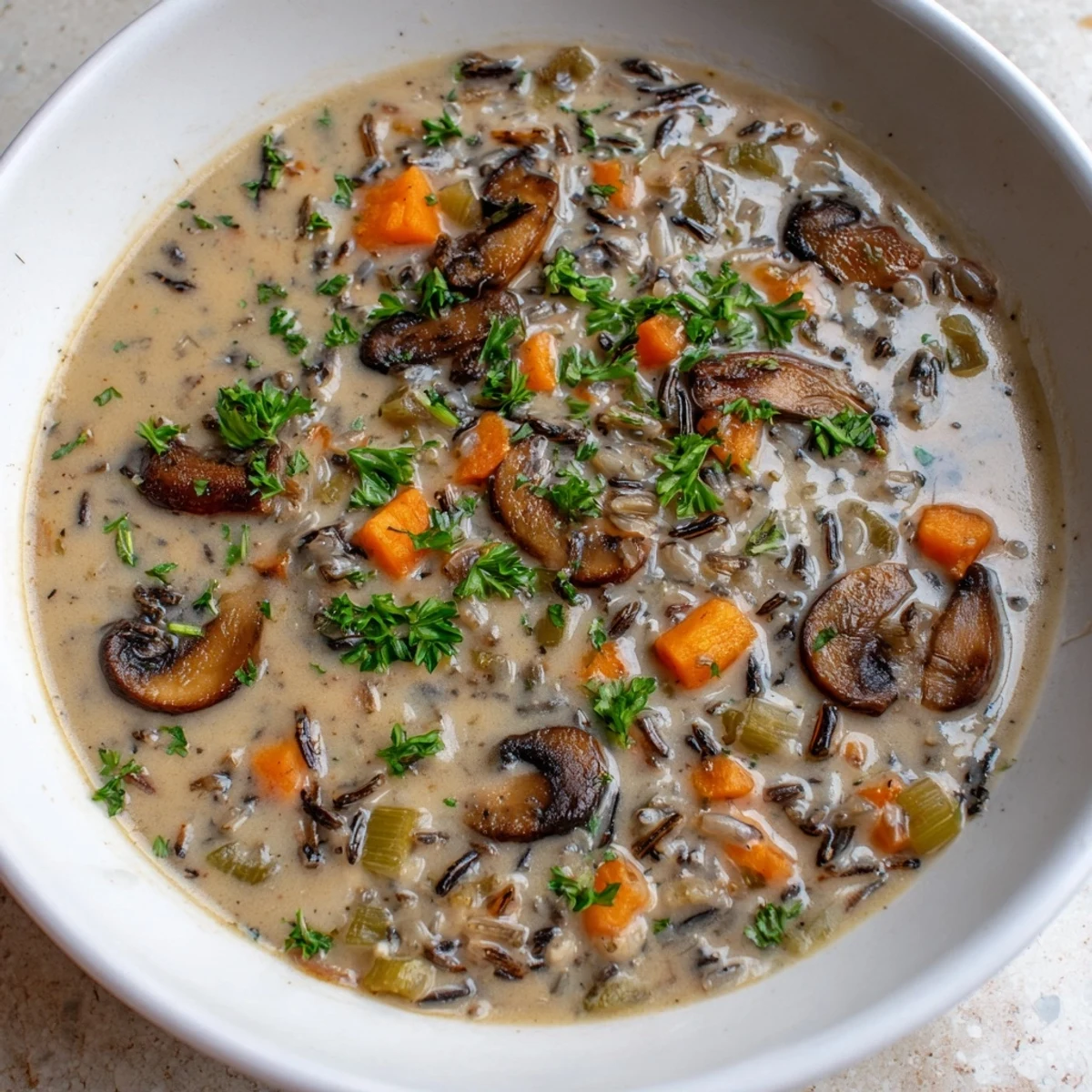 Creamy Mushroom and Wild Rice Soup, a warm, inviting bowl garnished with fresh parsley, ready to eat.