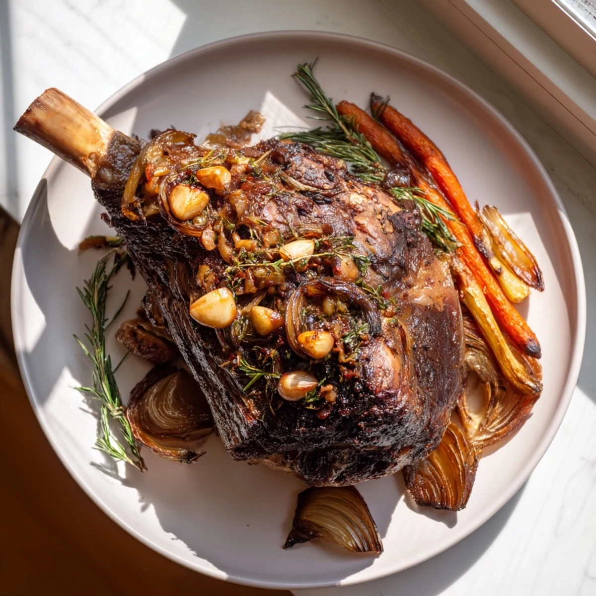 Golden-brown slow roasted lamb shoulder, expertly seasoned with garlic, ready to shred.