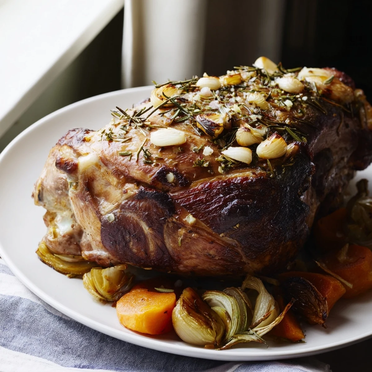 In this photo, a tender slow roasted lamb shoulder, resting on roasted vegetables, looks delicious.