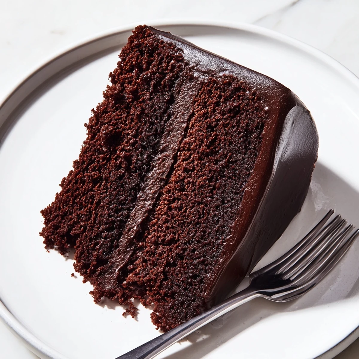 Moist and decadent Rich Chocolate Cake, presented with rich ganache, ready to serve this dessert.