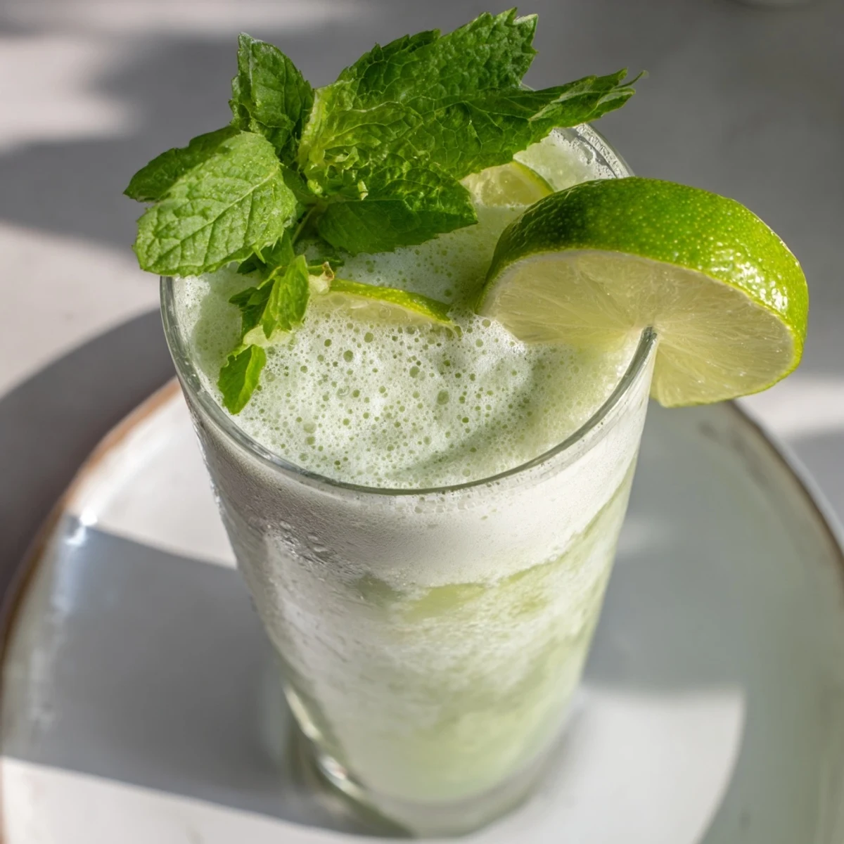 A tall glass of Cool Peppermint, garnished with fresh mint and lime slices.