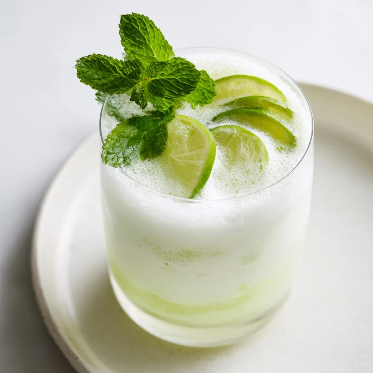Vibrant green Cool Peppermint drink, blended smooth and served icy cold on a sunny day.
