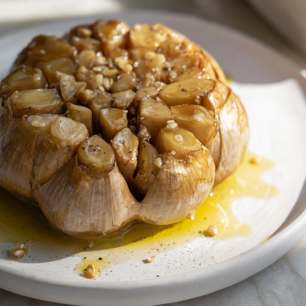 Golden roasted garlic head ready to be squeezed with its sweet, mellow flavor described.