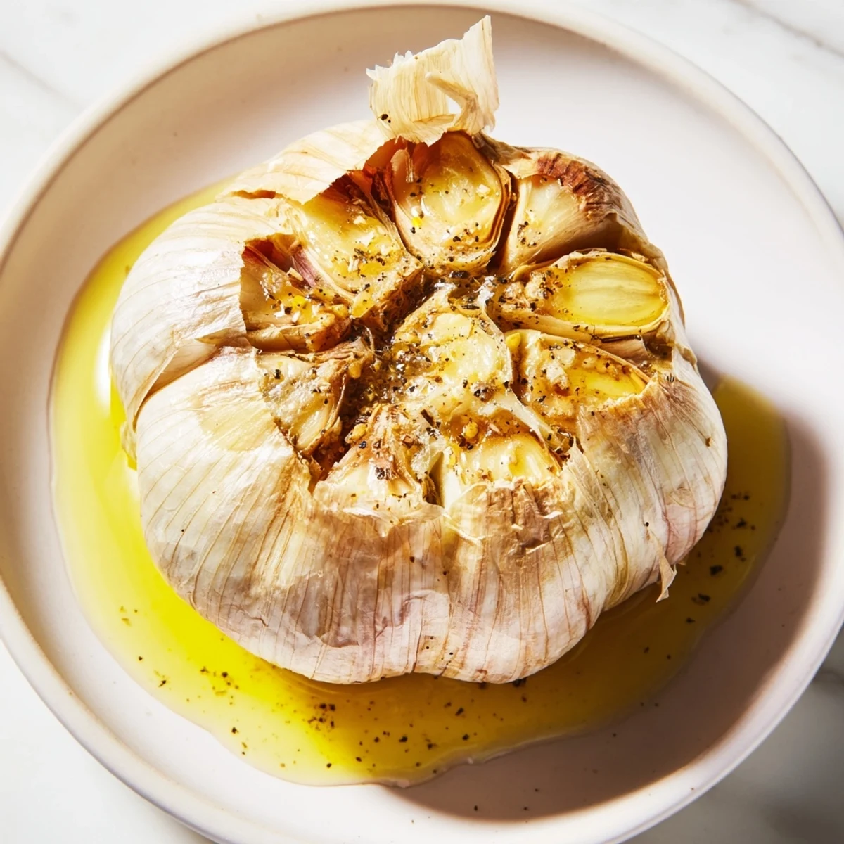Soft, golden roasted garlic cloves glistening with olive oil, perfect for spreading.