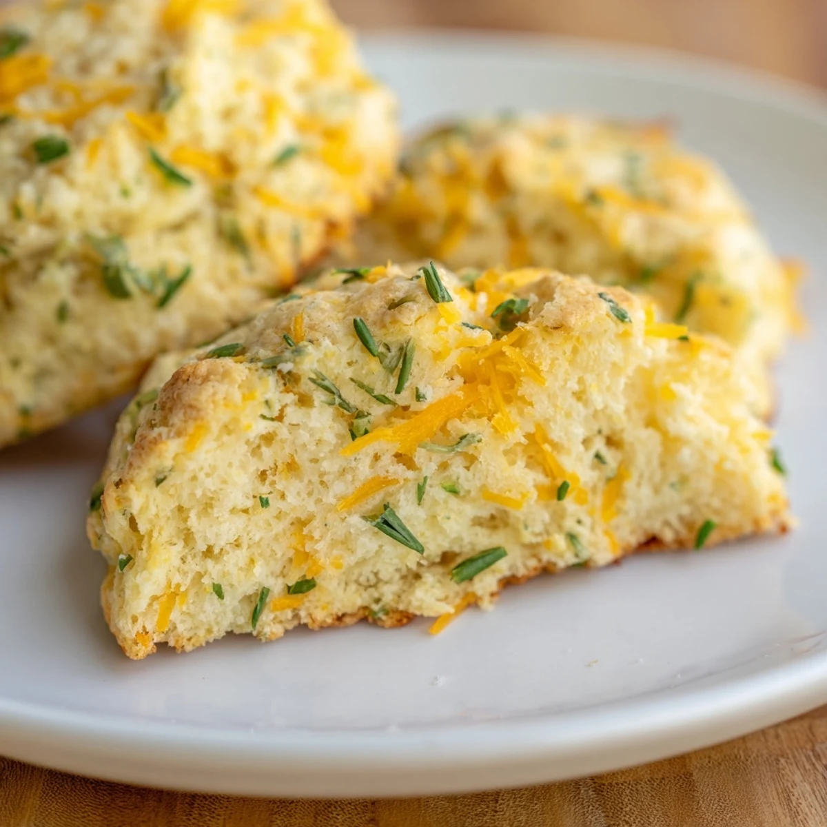 Freshly baked savory cheese and herb scones with a flaky texture, served with creamy butter.
