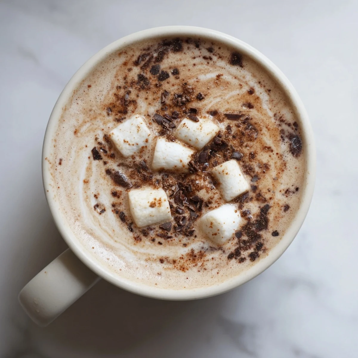 Steaming mug of Spiced Hot Chocolate with melted marshmallows, perfect for a chilly night.