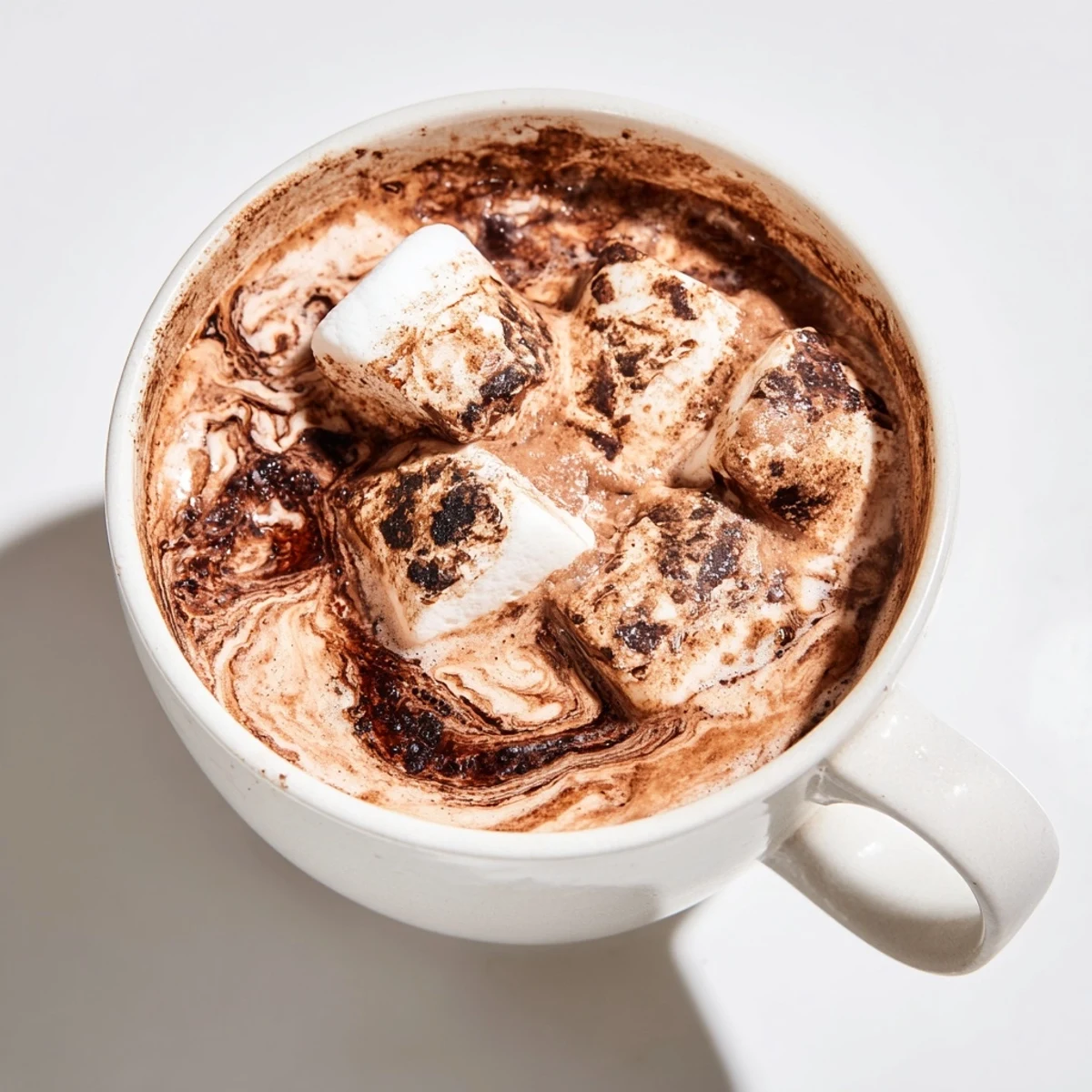 A close-up of creamy Spiced Hot Chocolate, the scent of cinnamon and nutmeg fills the air.