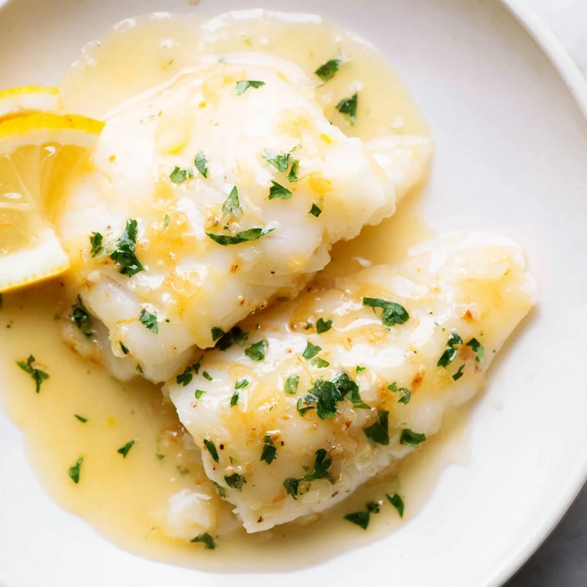 Golden-brown Baked Cod with Lemon Butter Sauce, glistening on serving plates with fresh parsley.