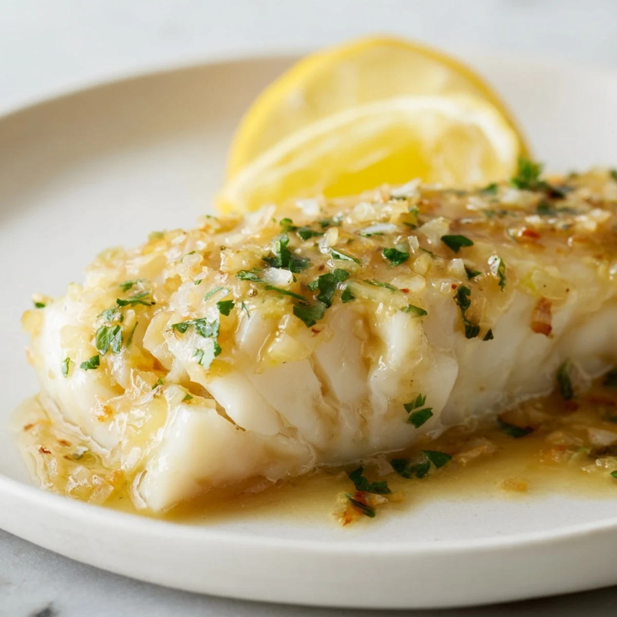 Flaky, tender Baked Cod with Lemon Butter Sauce, ready to enjoy with bright lemon wedges and a light sauce.