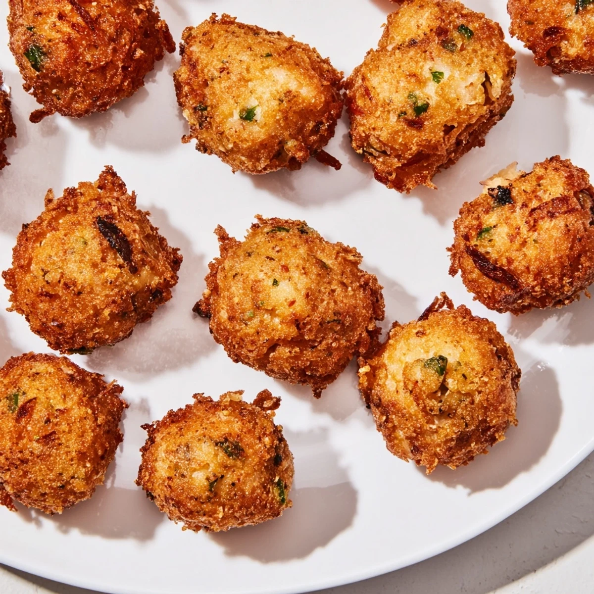 Golden-fried Bite Crispy fritters: imagine crunchy, savory bites with fresh herbs and vegetables, ready to serve.