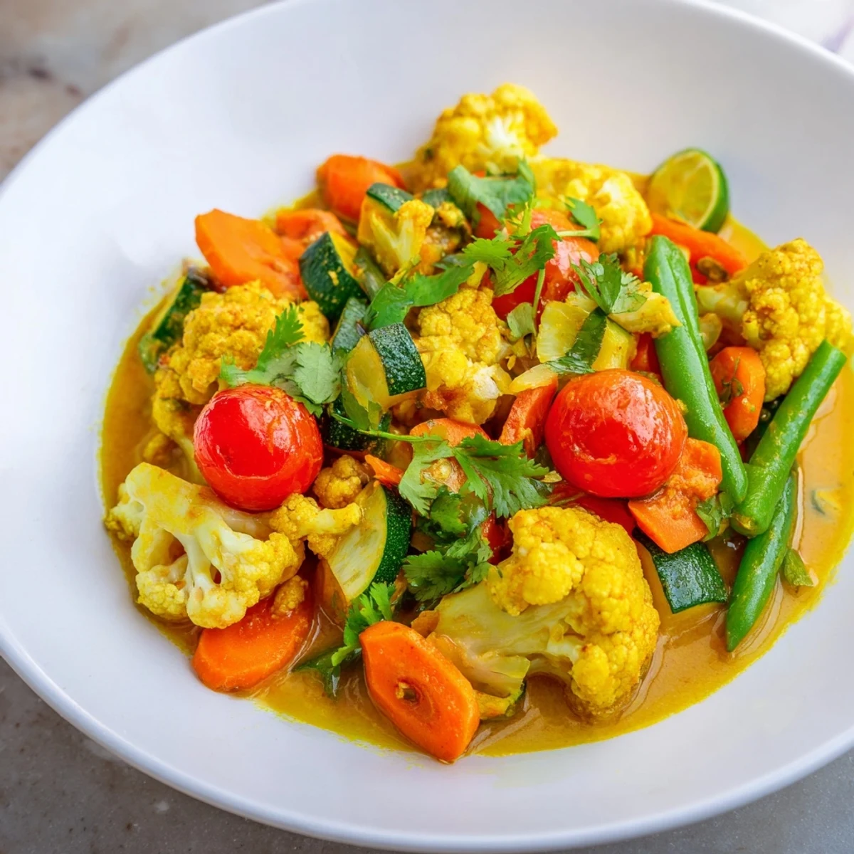 Steaming bowl of vegetarian curry with colorful vegetables and creamy coconut sauce.