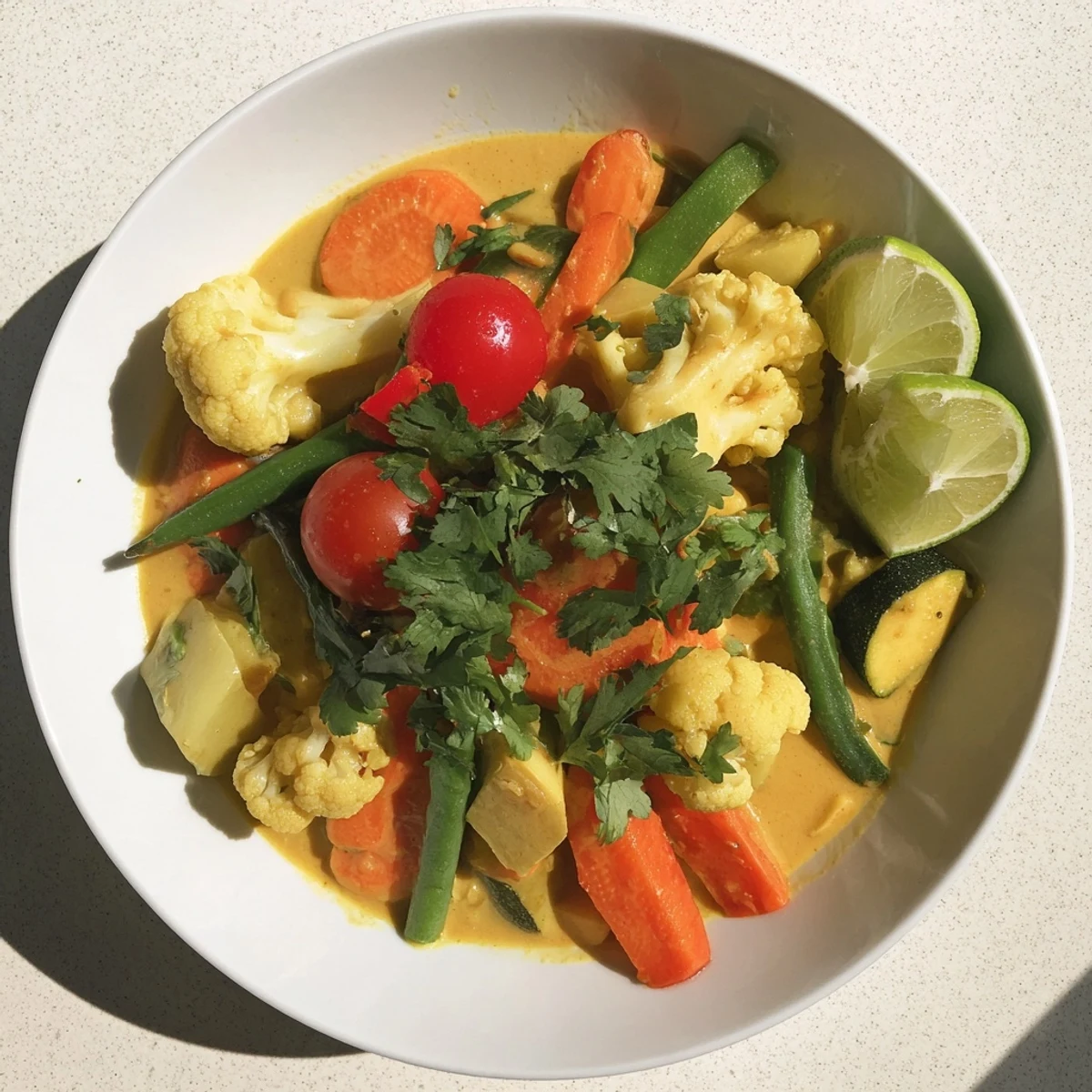 Aromatic vegetarian curry, a vibrant, flavorful dish with fresh cilantro garnish and lime.
