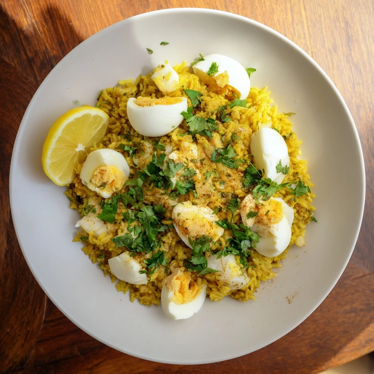 Fragrant Smoked Haddock Kedgeree, showcasing flaky fish, fluffy rice, seasoned with spices.