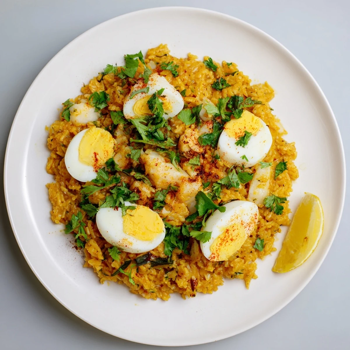 Golden Smoked Haddock Kedgeree with perfectly cooked eggs and fresh herbs, a comforting dinner.
