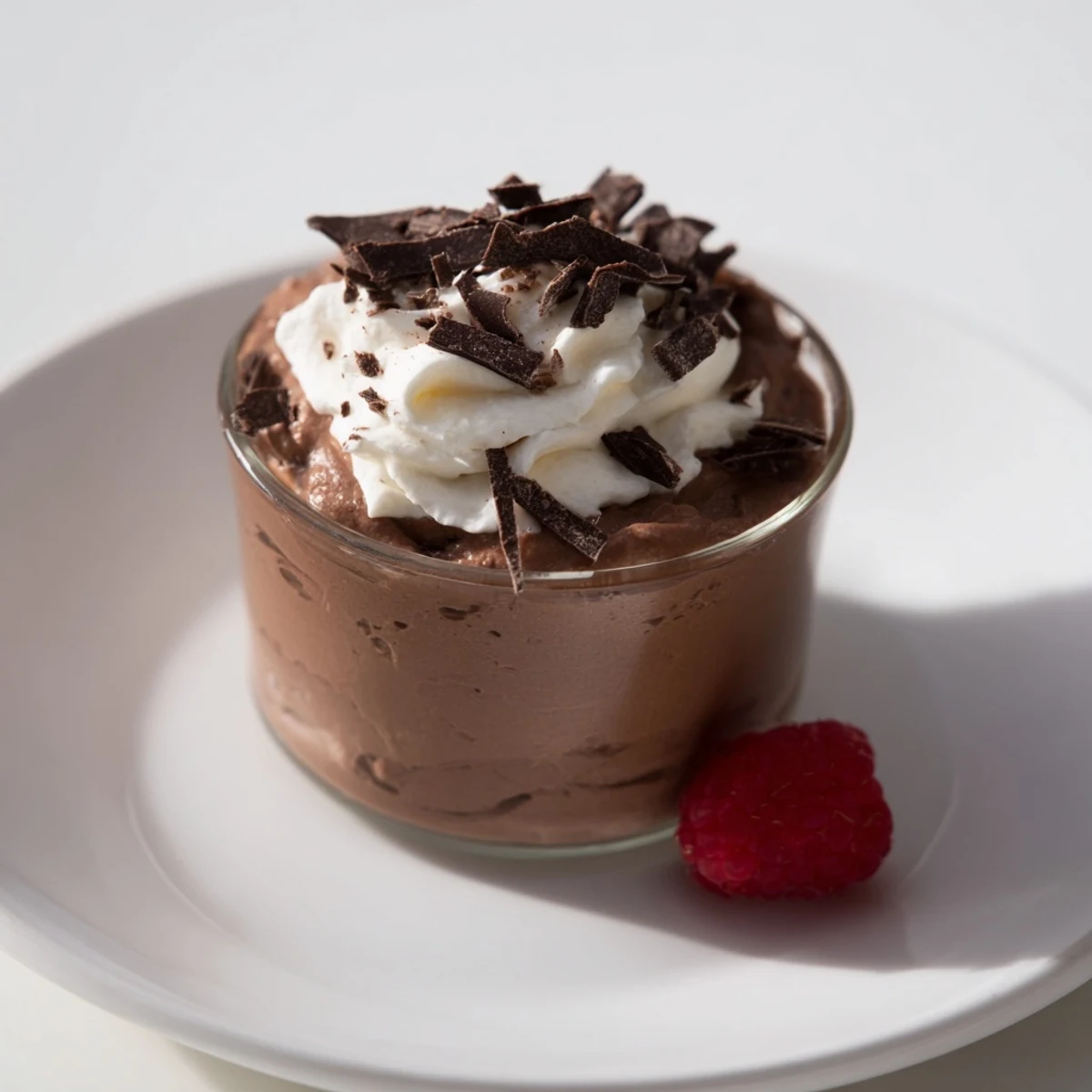 A decadent serving of dark chocolate mousse, swirled with whipped cream and fresh berries.