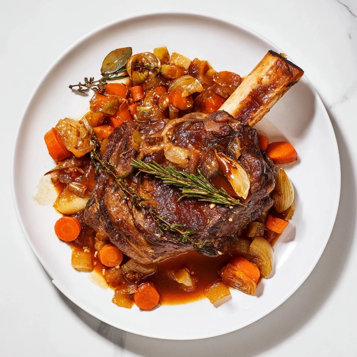 Slow Cooked Lamb, fall-off-the-bone tender, served with roasted vegetables and a rich sauce.