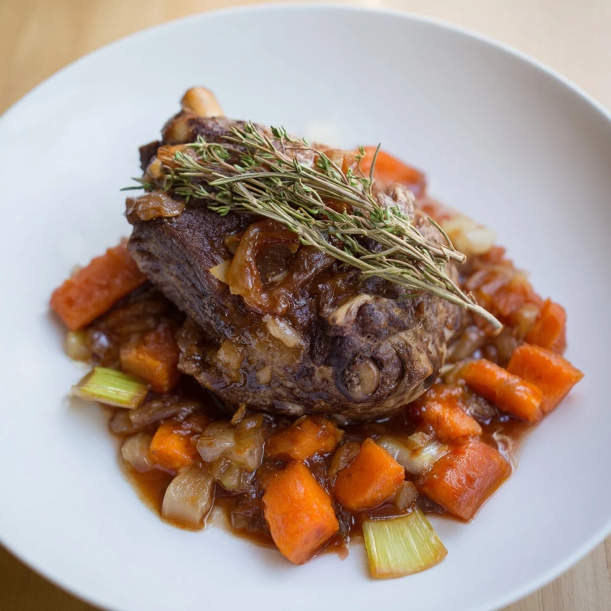 This photo features Slow Cooked Lamb, boasting juicy meat alongside tender carrots and onions.