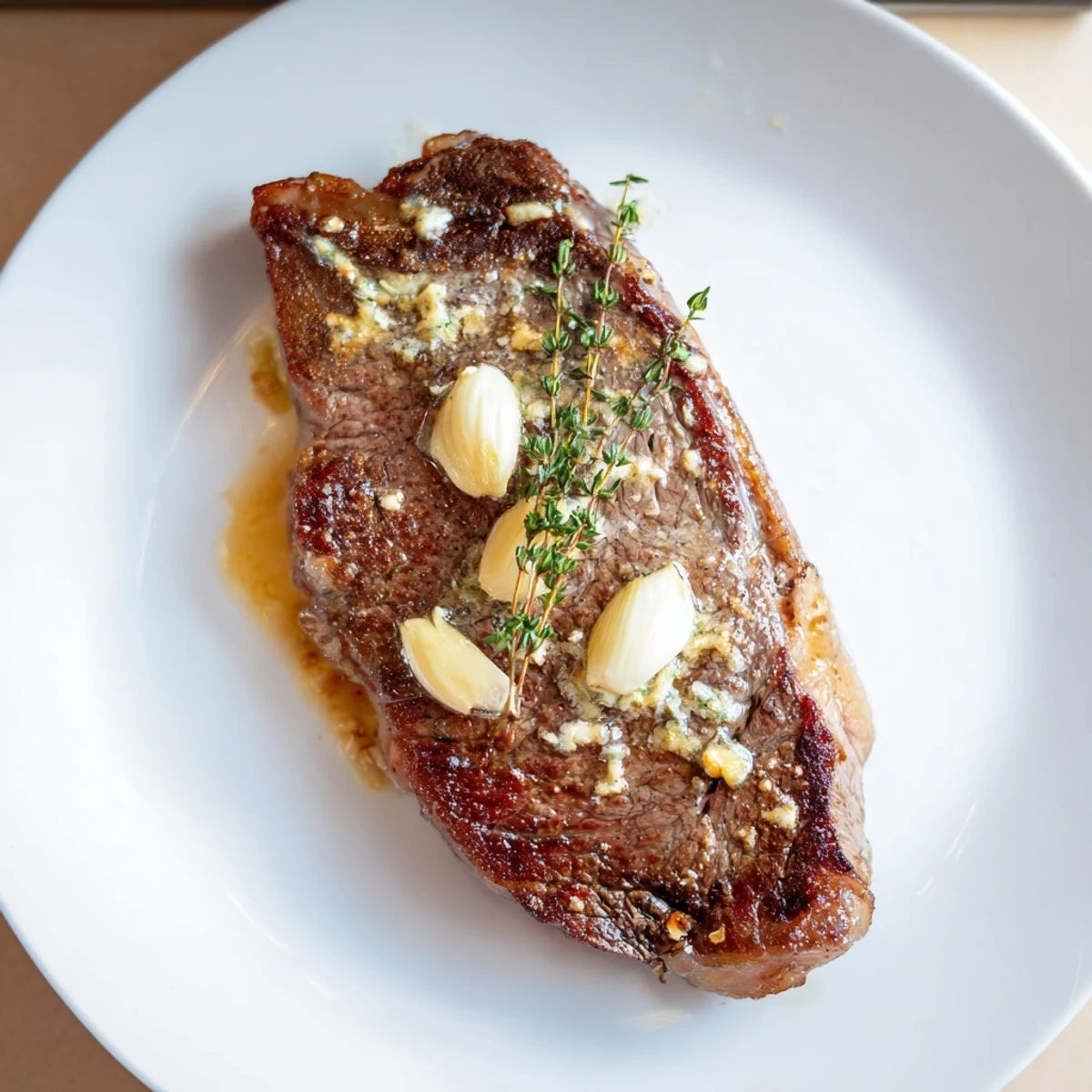 Image of perfectly cooked pan seared steak, glistening with garlic butter, ready to slice.