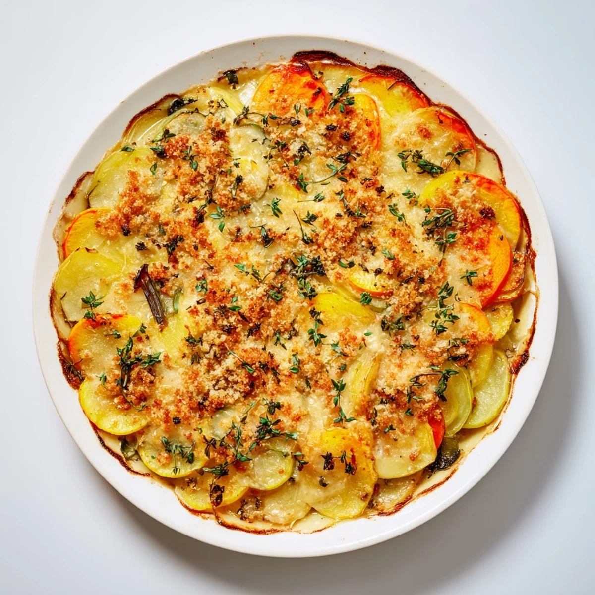 Golden-brown Winter Vegetable Gratin, layered with creamy sauce and bubbling cheese, ready to serve.