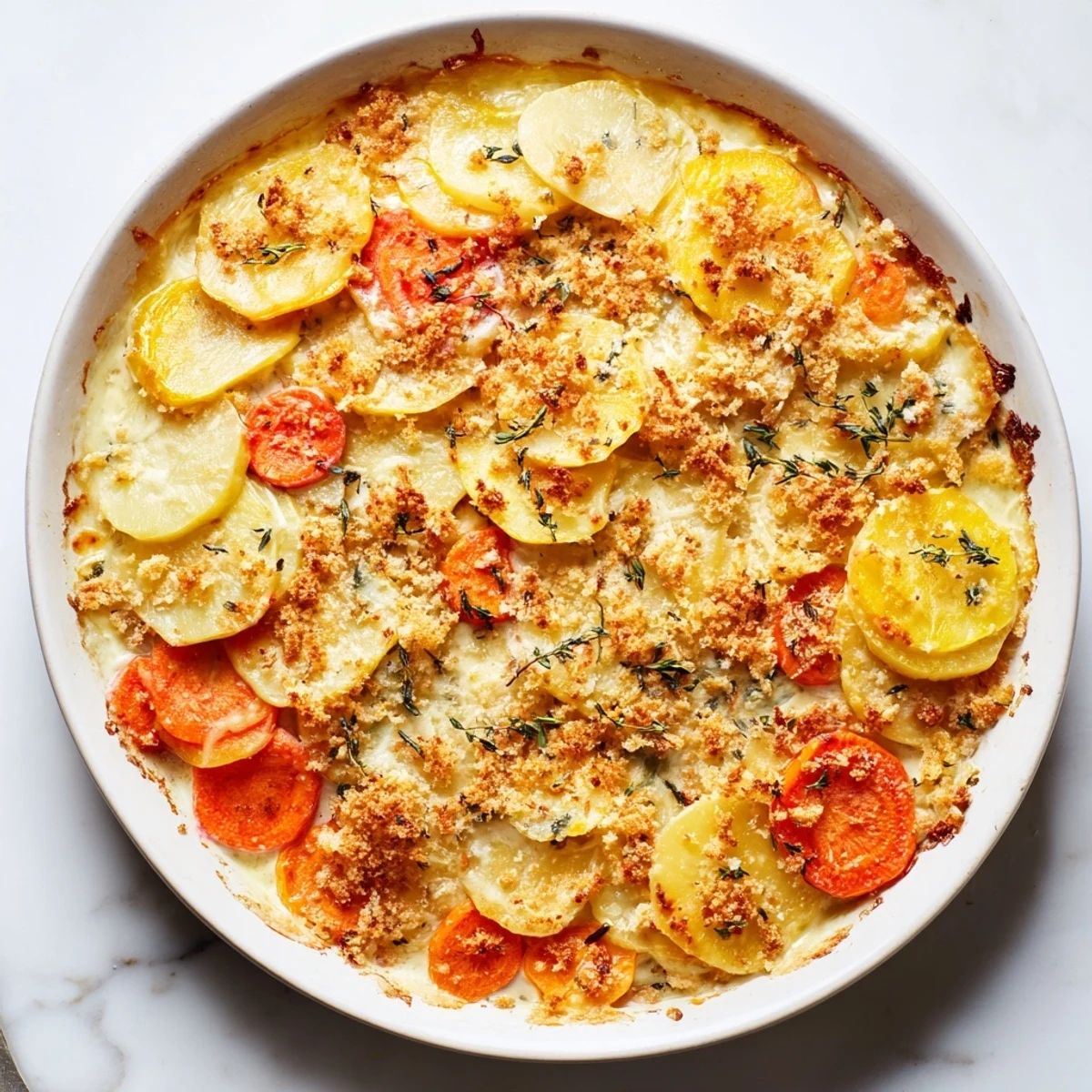 Warm and comforting Winter Vegetable Gratin, with golden breadcrumb topping, perfect for chilly nights.