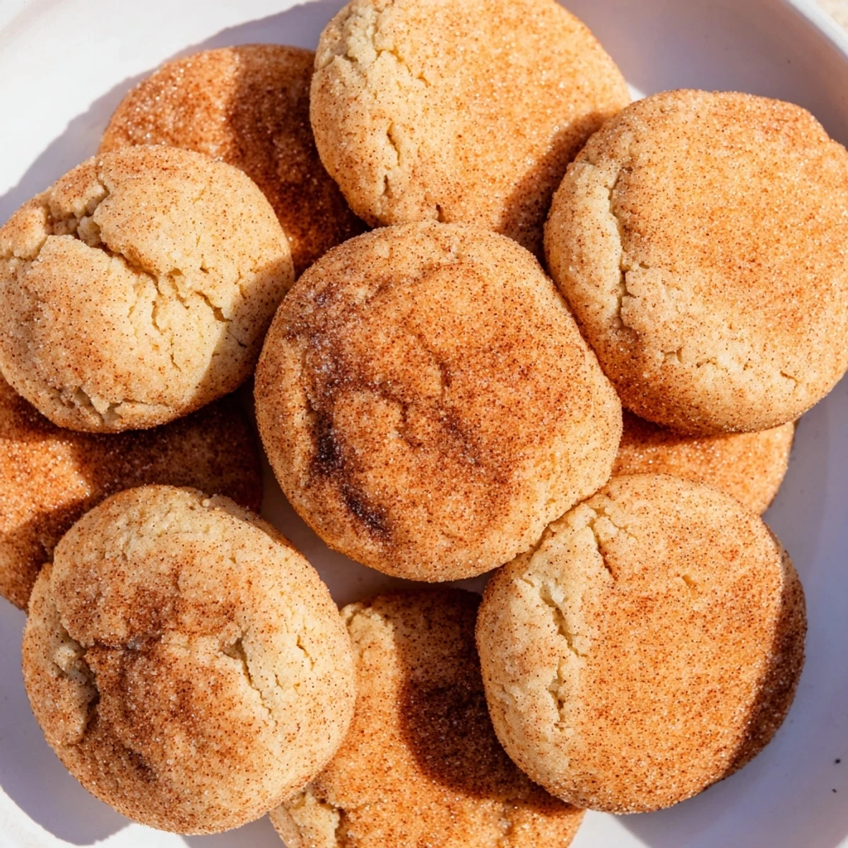Homemade cinnamon cookies coated in cinnamon sugar, baking on a sheet, ready for a delicious dessert.