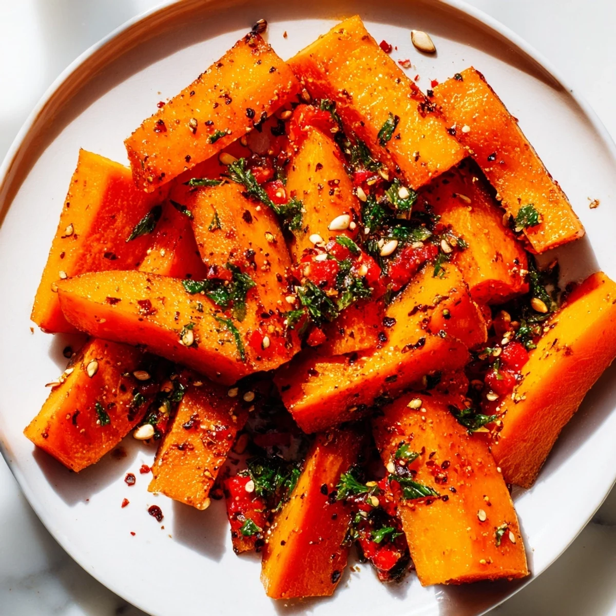 Golden-brown roasted pumpkin wedges glistening with herbs, a flavorful autumn side dish.