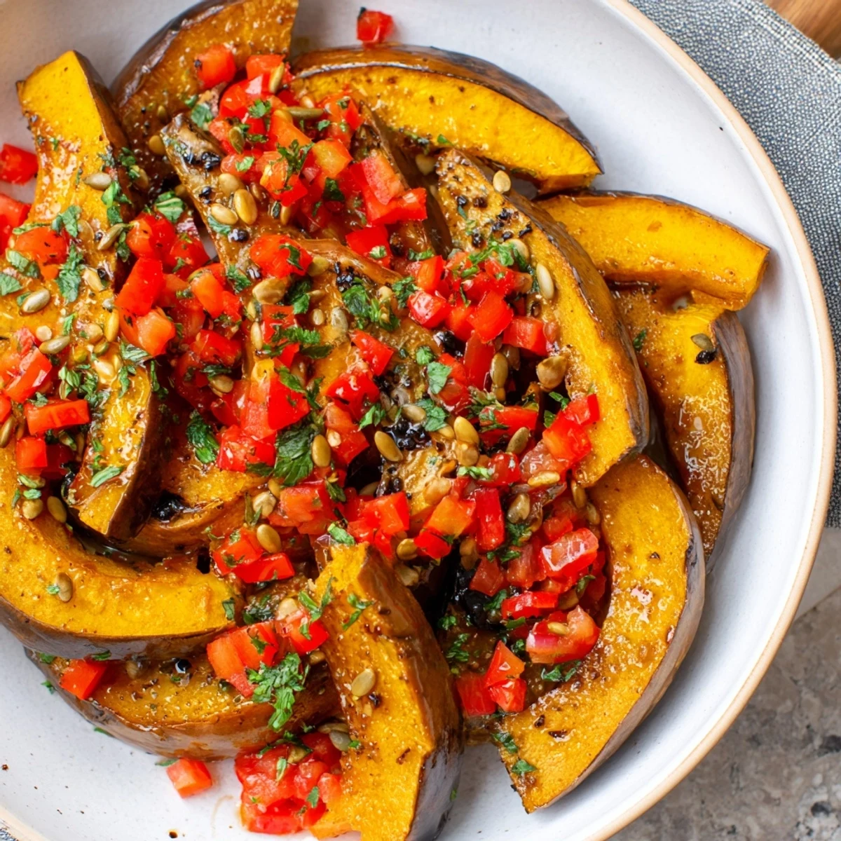 Vibrant photo shows perfectly roasted pumpkin wedges, seasoned with paprika, ready to serve on a platter.