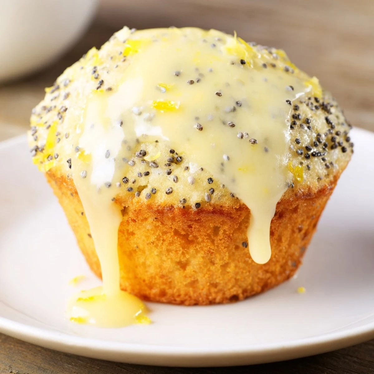 Golden-topped Lemon Poppy Seed Muffins feature a sweet glaze, perfect for a sunny breakfast.