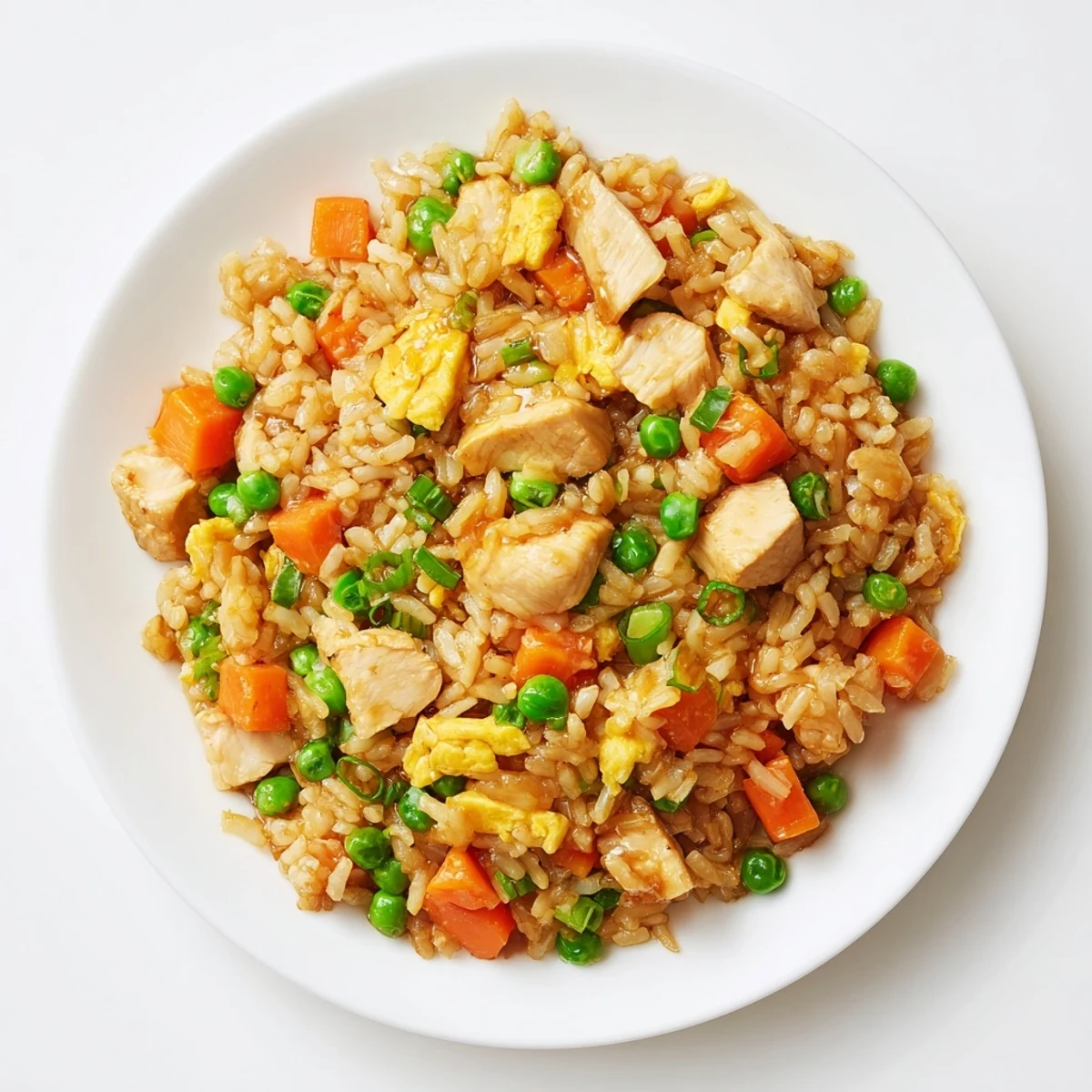 Freshly made Chicken Fried Rice with visible peas and carrots is ready to serve.