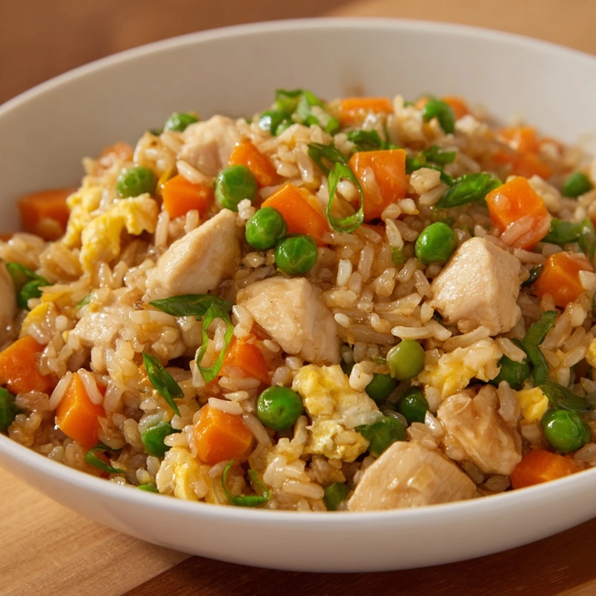 Golden brown Chicken Fried Rice with fluffy rice, tender chicken, and colorful veggies.