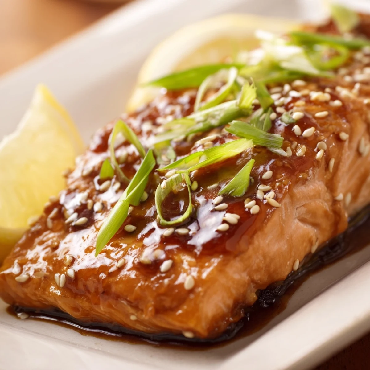 Enjoy this tender baked salmon with teriyaki glaze, garnished and served with sesame seeds and rice.