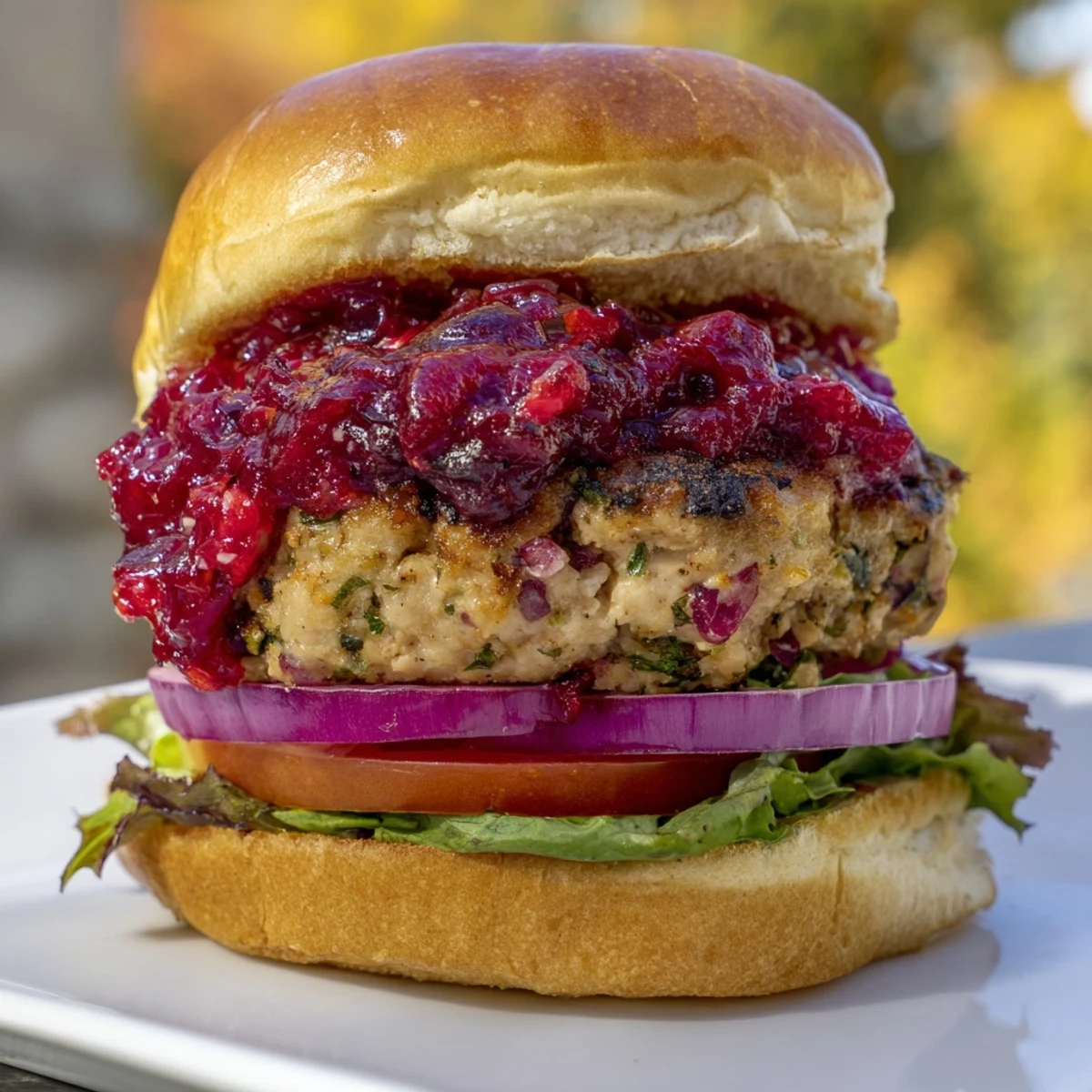 Juicy turkey burgers, topped with bright red cranberry sauce, served on toasted buns with fresh toppings.