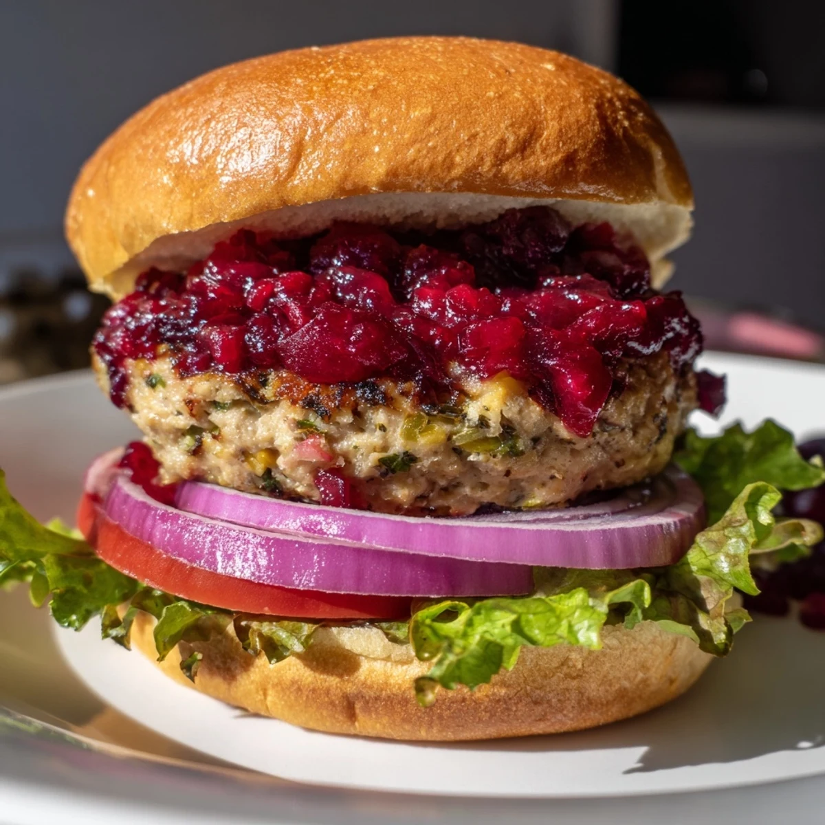 Golden-brown turkey burgers, smothered with vibrant cranberry sauce, on a plate ready to be enjoyed.