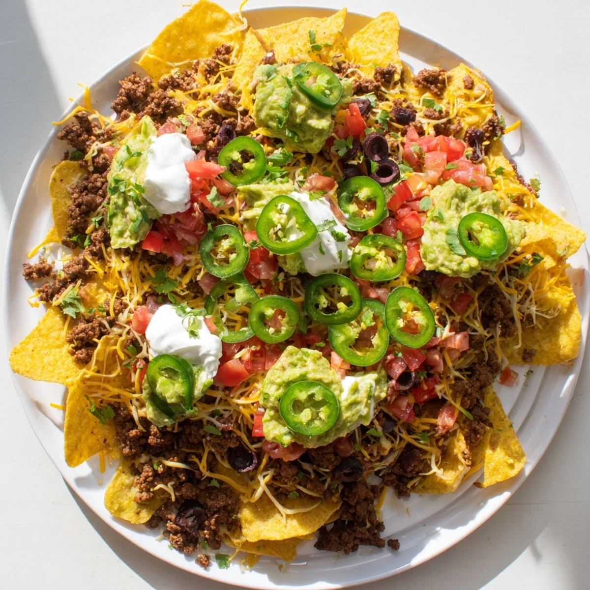 Golden, cheesy Beef Nachos overflowing with spicy ground beef and zesty jalapenos, ready to eat.