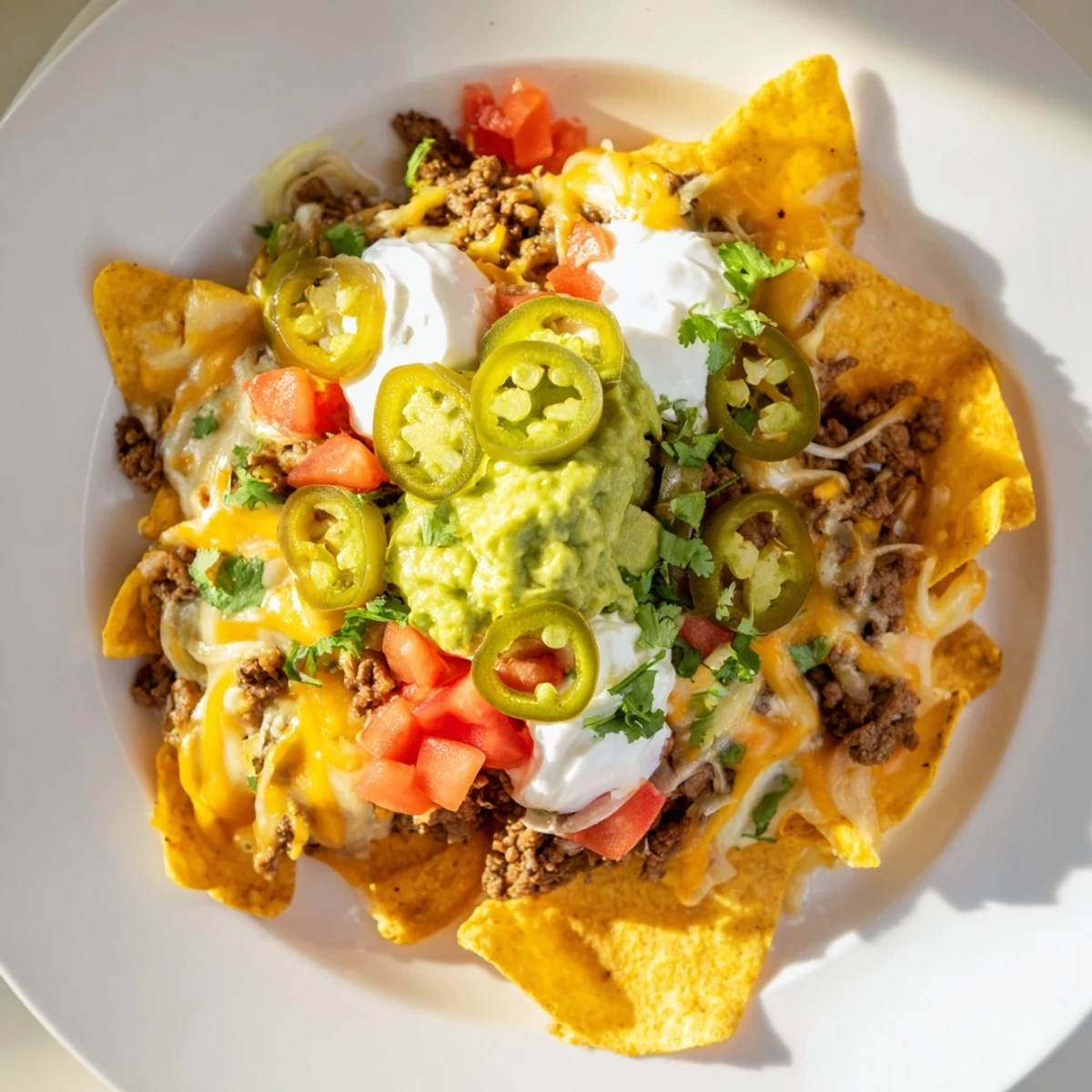 A delicious platter of Beef Nachos featuring melted cheese, savory beef, and fresh jalapeno slices.