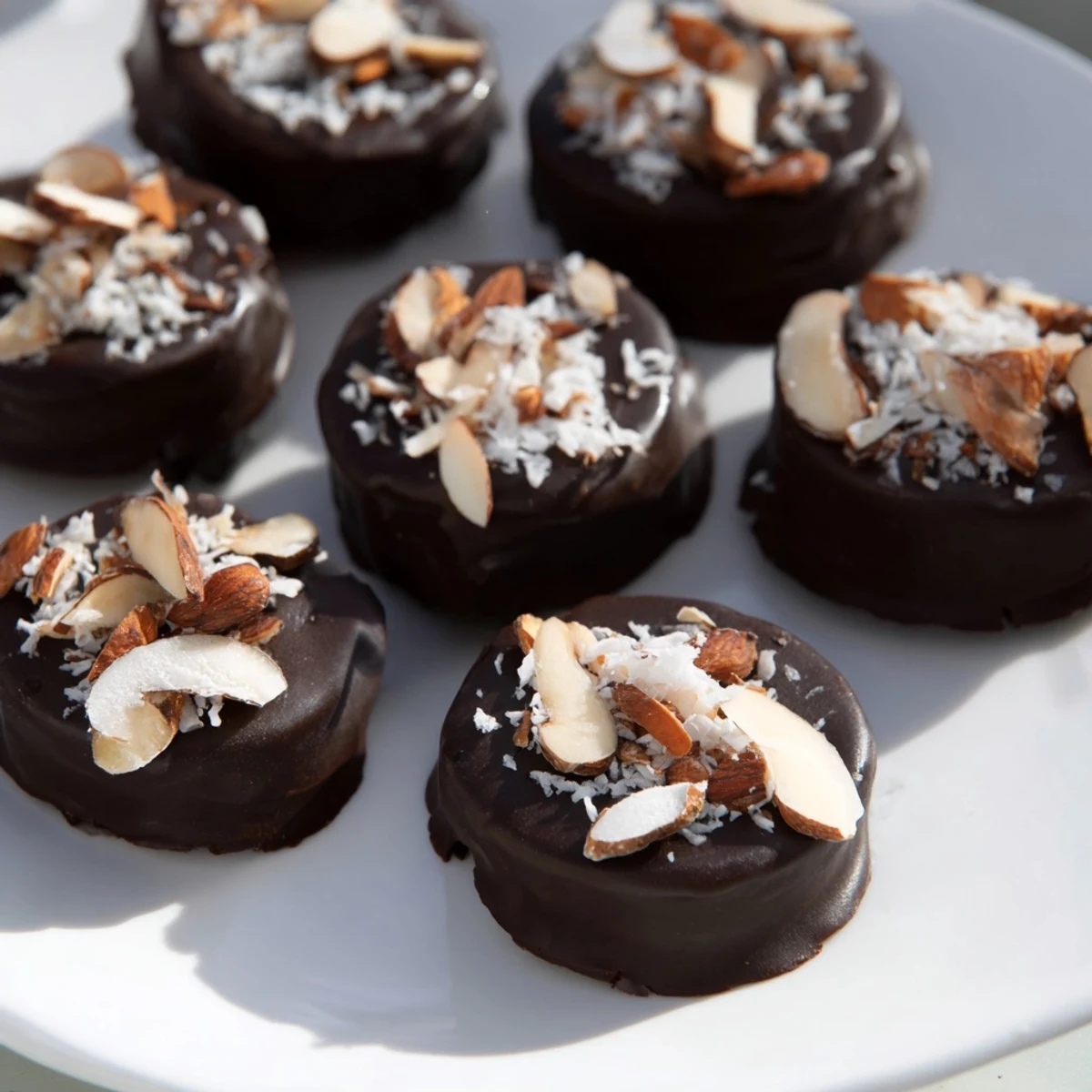 Several frozen chocolate covered banana bites, offering a delightful contrast of textures and flavors.
