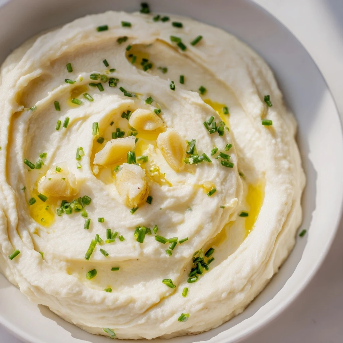 Fluffy Roasted Garlic Mashed Cauliflower, smooth and creamy, a flavorful side dish ready to serve.