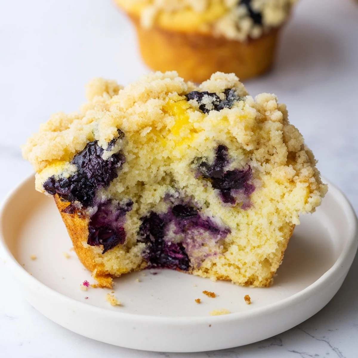Golden-topped Lemon Blueberry Muffins show delicious textures, perfect for a breakfast treat.