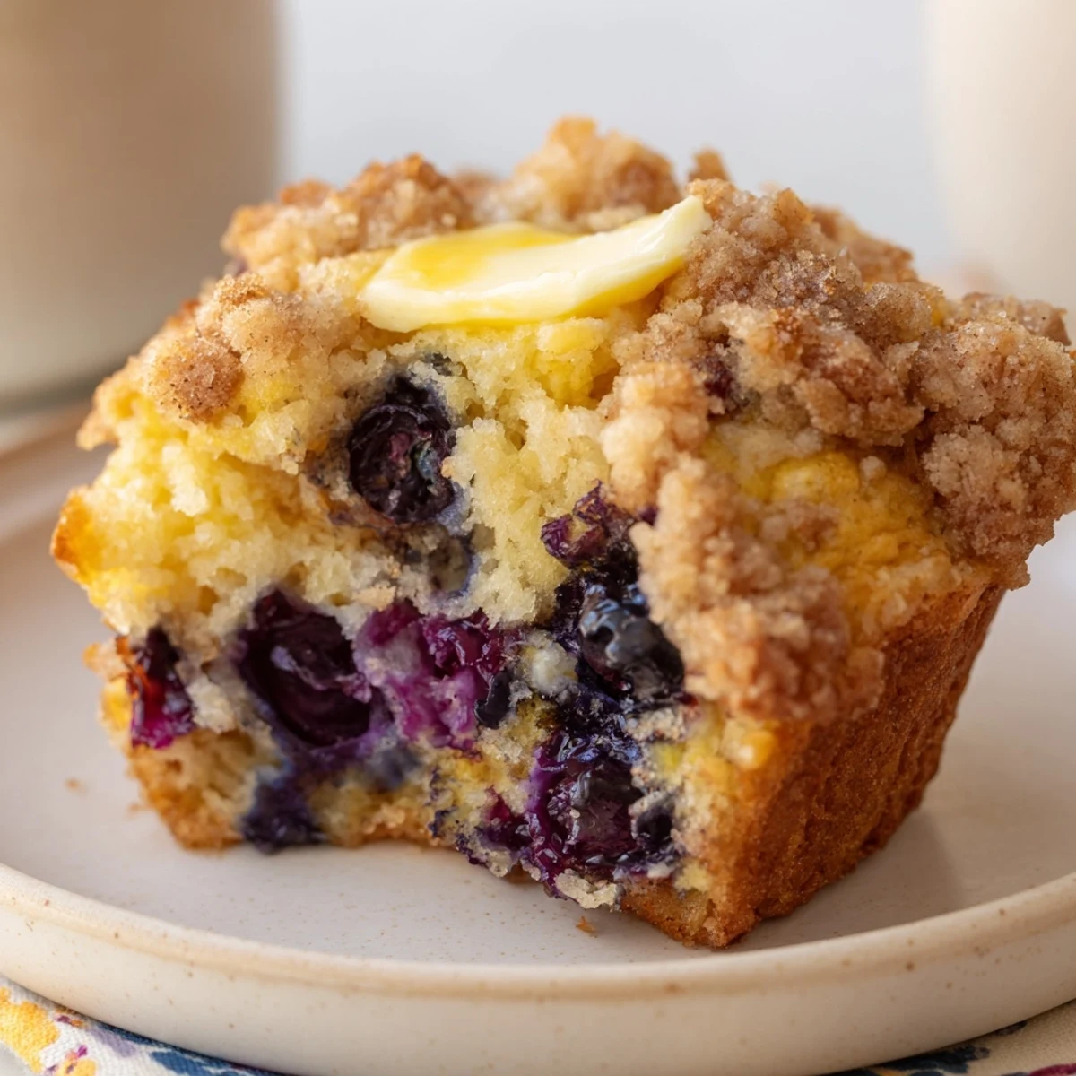 A close-up view of baked Lemon Blueberry Muffins, featuring a crisp streusel and juicy blueberry filling.