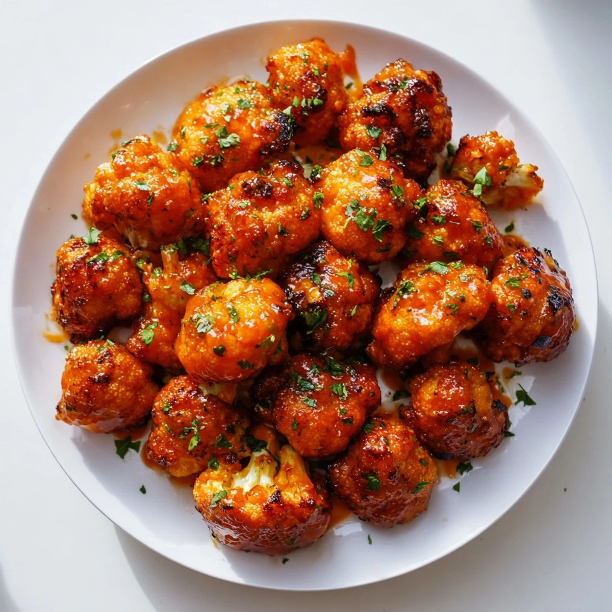 Golden, crispy Spicy Buffalo Cauliflower Bites, coated in a vibrant, sizzling red buffalo sauce.
