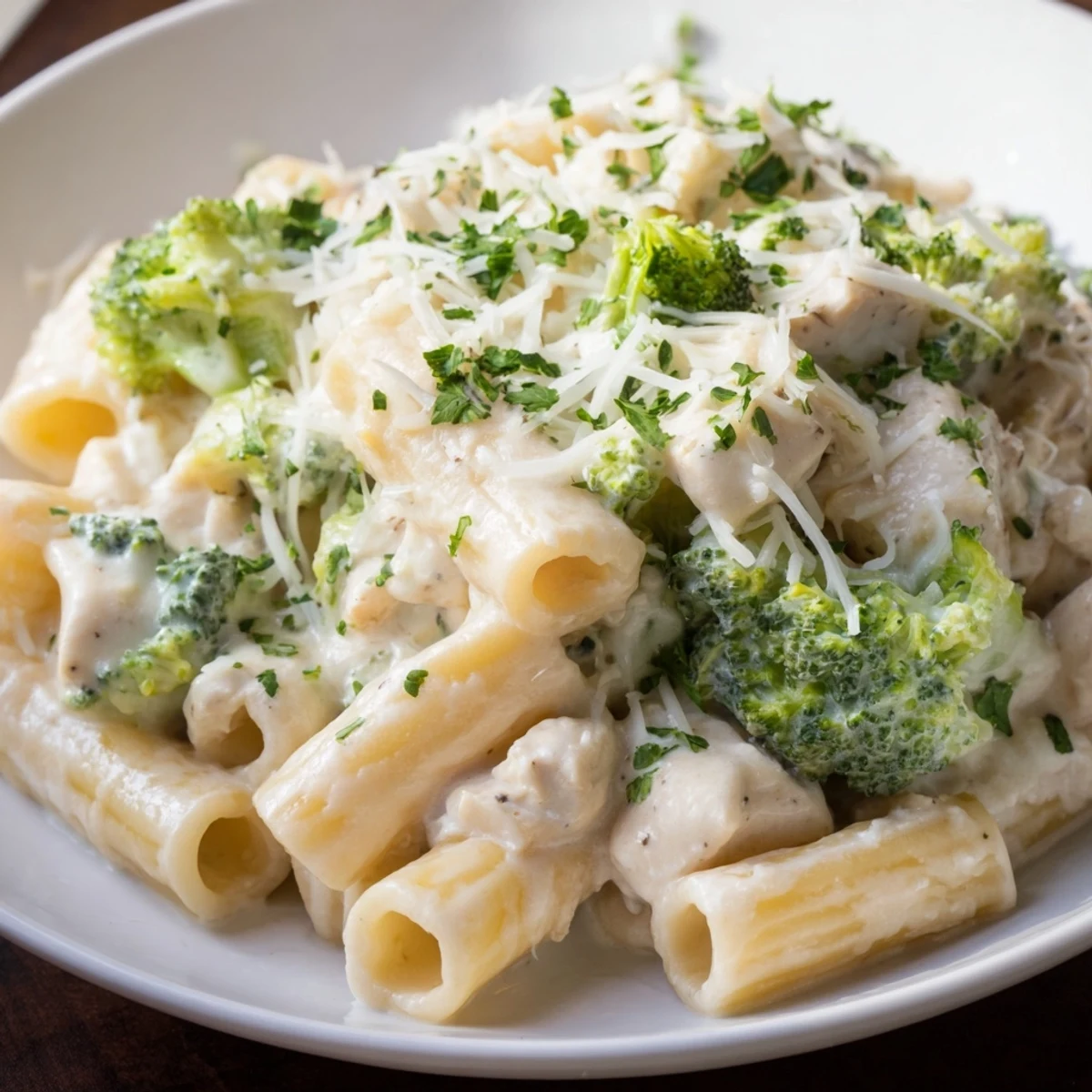 A bubbly Chicken Alfredo Bake with broccoli, showcasing a melted cheese topping and savory aromas.