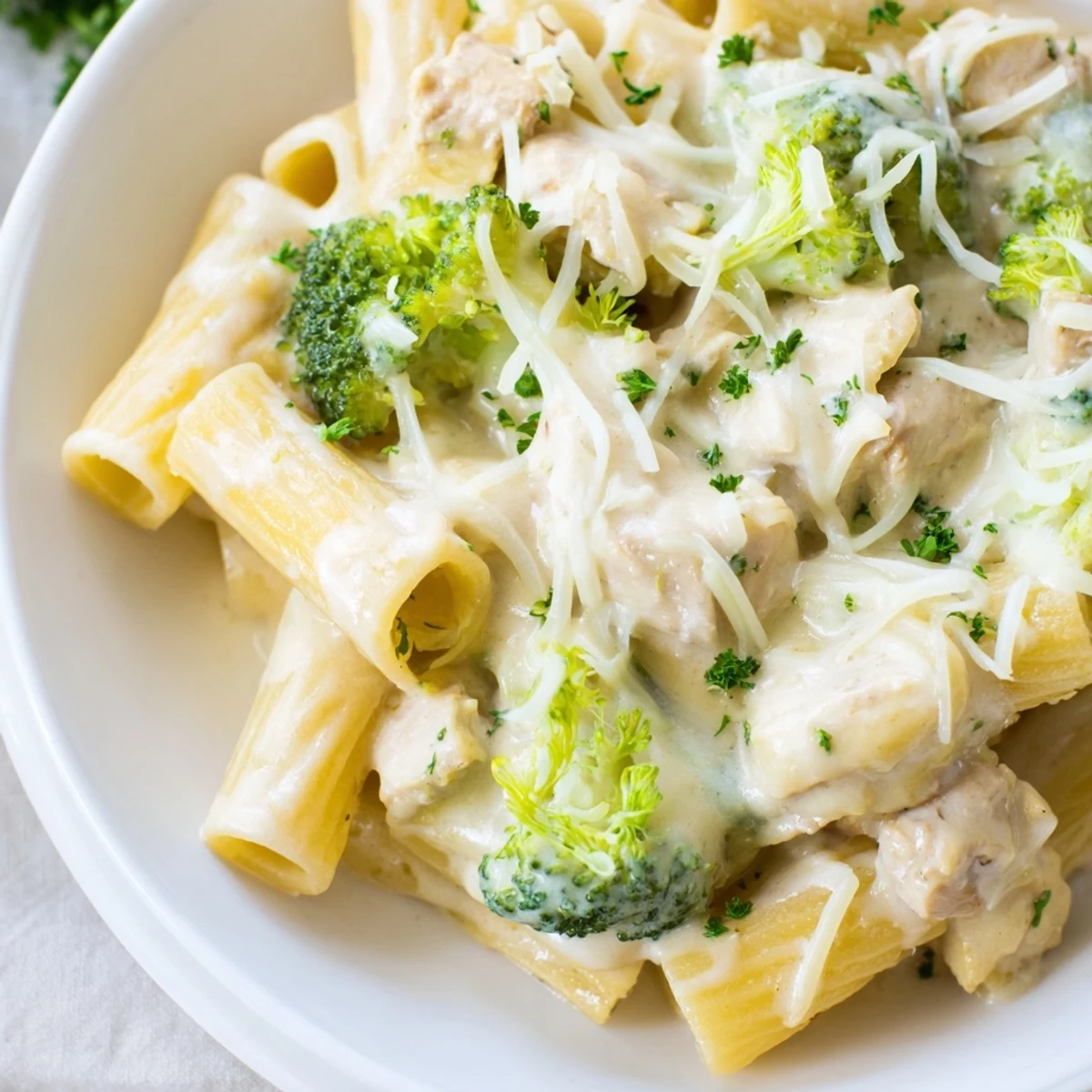 Golden-brown melted cheese covers a creamy Chicken Alfredo Bake, filled with broccoli and tender chicken.