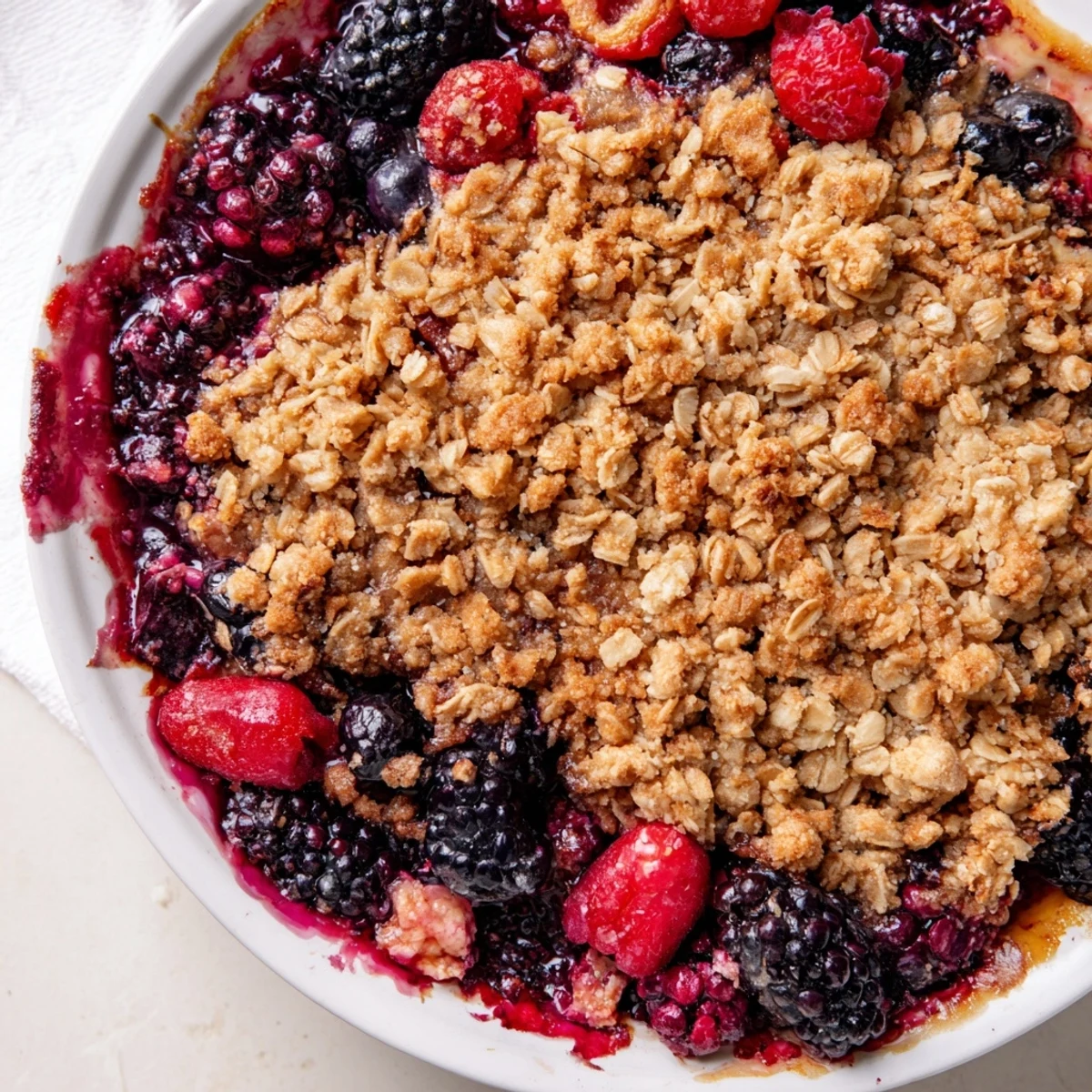 Warm Winter Berry Crumble, bubbling with berries and topped with golden oat crumble, ready to serve.