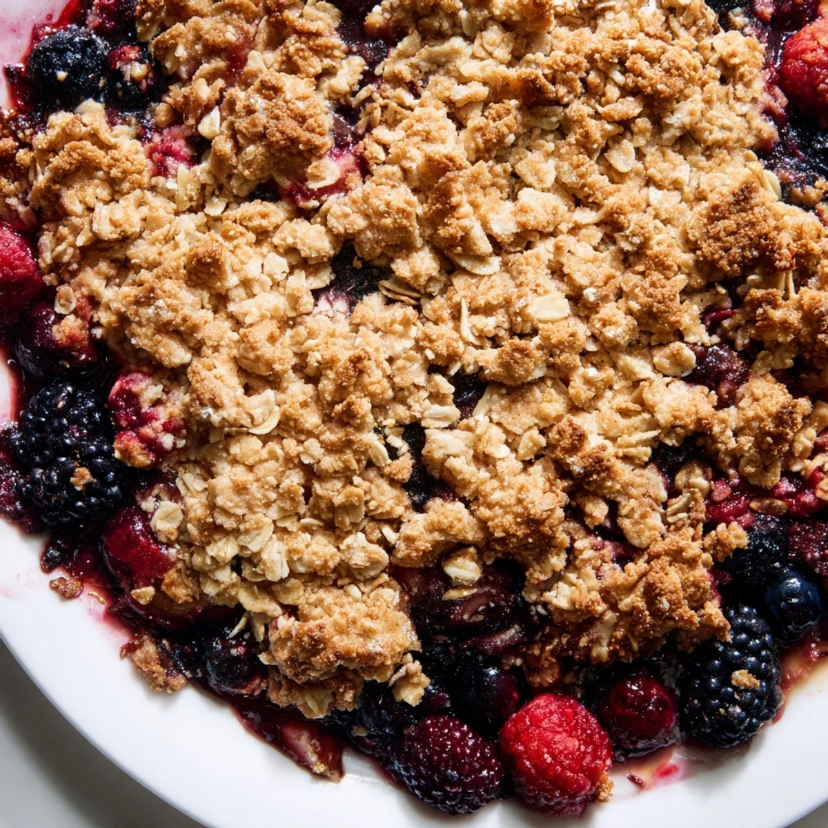 A close-up of a freshly baked Winter Berry Crumble, showcasing the caramelized oat topping and juicy berries.